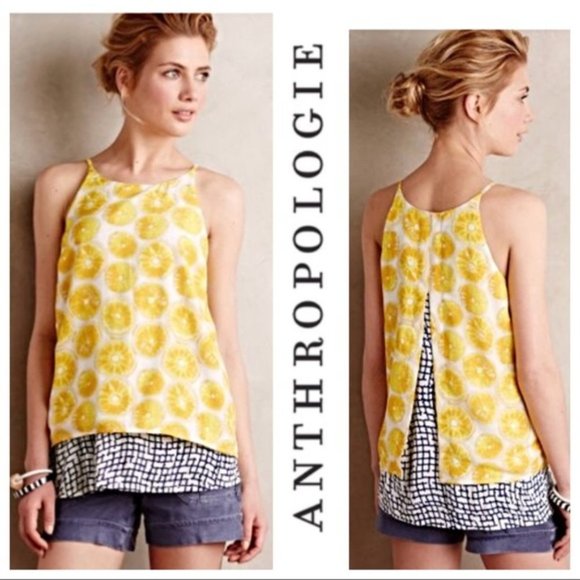 Anthropologie Lemon & Checks Swing Split Back Top - Picture 2 of 10